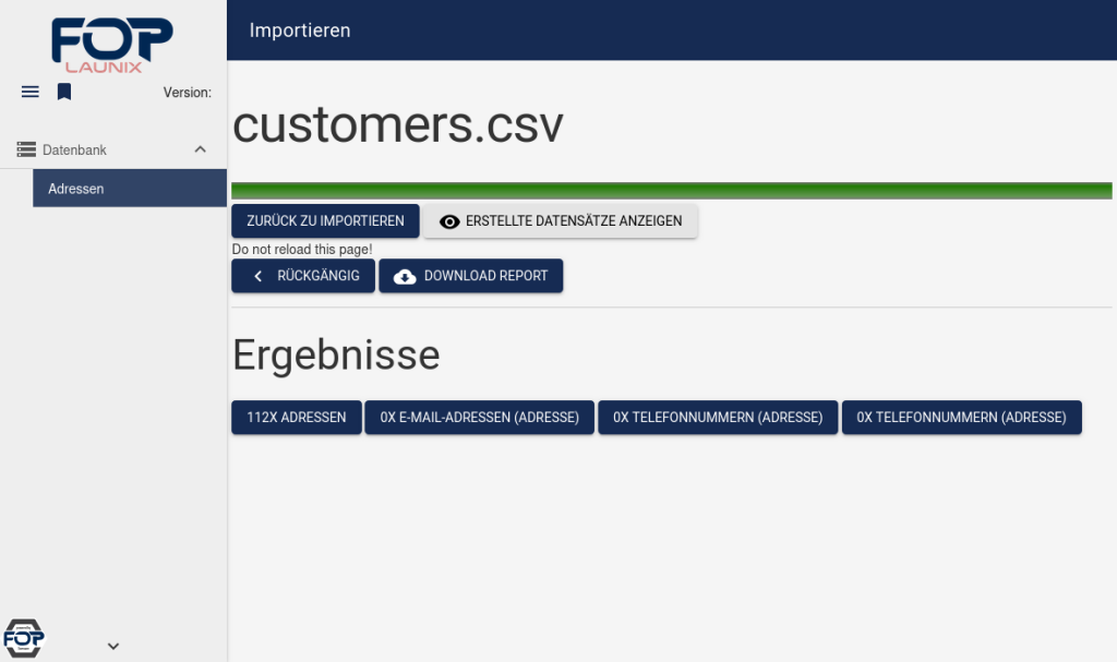 Ergebnisseite des Imports